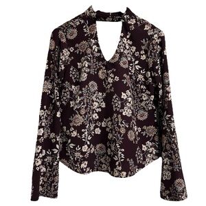 Altar’d State Purple Blouse, Floral Long Sleeve Plum Button Keyhole Top, Small